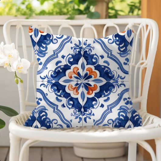 Portuguese Tile Pattern Blue White Orange Kissen
