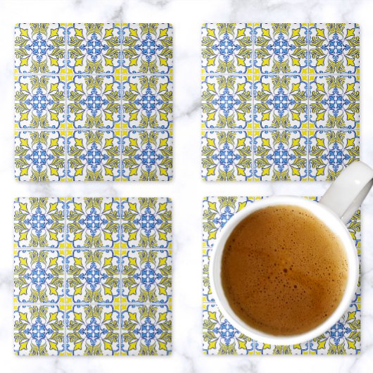 Portuguese Tile Pattern Yellow White Blue Steinuntersetzer