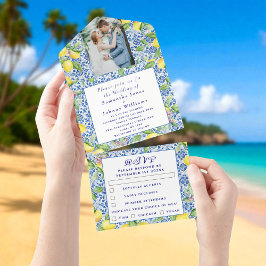 Portuguese Tiles Lemons Rustic Photo Wedding  All In One Einladung