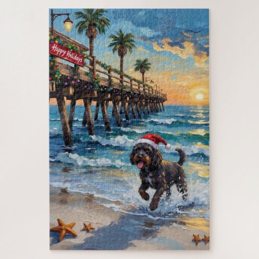 Portuguese Water Dog Christmas Beach Boardwalk Puzzle (Vertikal)