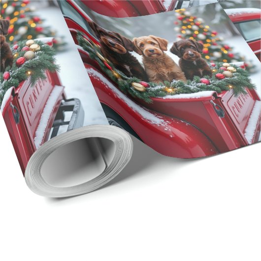 Portuguese Water Dog Christmas Red Truck Holiday Geschenkpapier (Rolleneckpunkt)