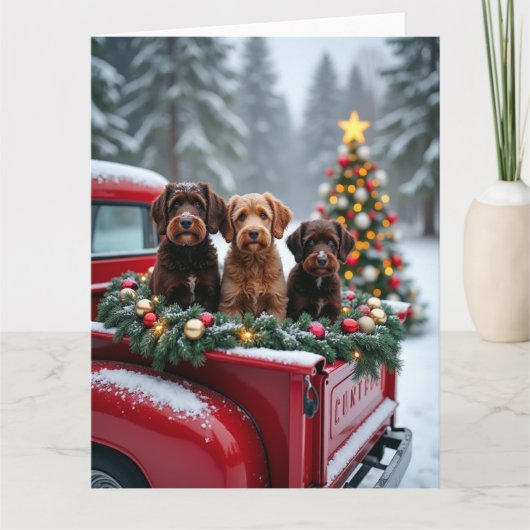 Portuguese Water Dog Christmas Red Truck Holiday Karte (Vorderseite)