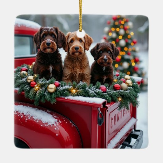 Portuguese Water Dog Christmas Red Truck Holiday Keramikornament (Rückseite)