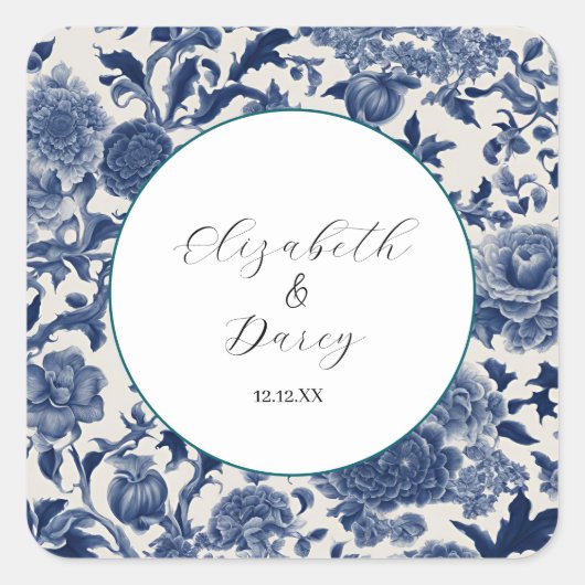 Porzellan Elegante: Hochzeit mit Blumen Quadratischer Aufkleber (Vorderseite)