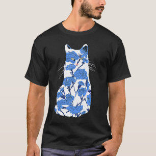 Porzellan Katze Blau-Weiße Blumige Katzengrafik T-Shirt