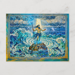 Poseidon auf Meeresfelsen mit Dreizack und Delfine Postkarte