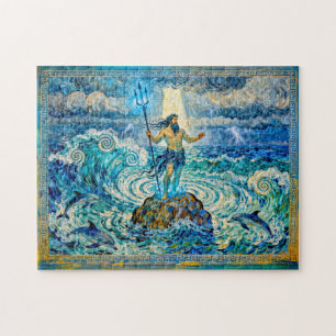 Poseidon auf Meeresfelsen mit Dreizack und Delfine Puzzle