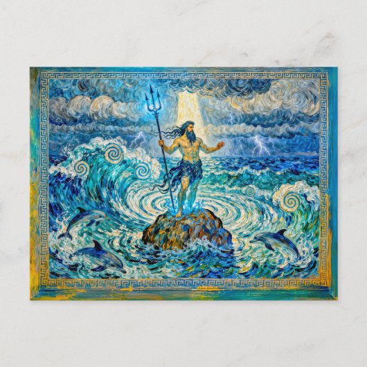 Poseidon on Sea Rocks with Trident and Dolphins Postkarte (Vorderseite)