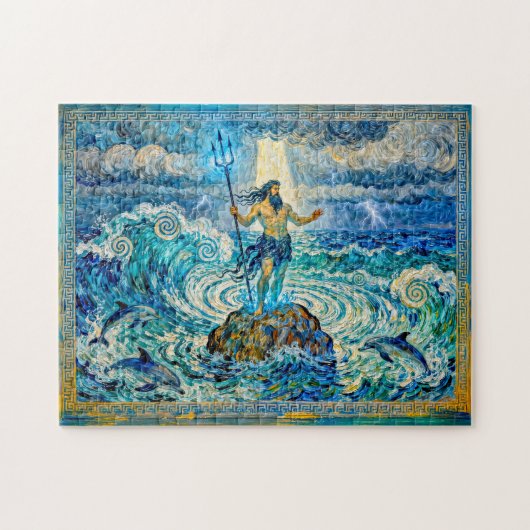 Poseidon on Sea Rocks with Trident and Dolphins Puzzle (Horizontal)