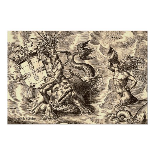 Poseidon und Dolphin Antique World Map Poster (Vorderseite)