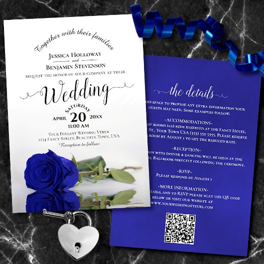 Posh Calligraphy Royal Blue Rose QR Code Wedding Einladung