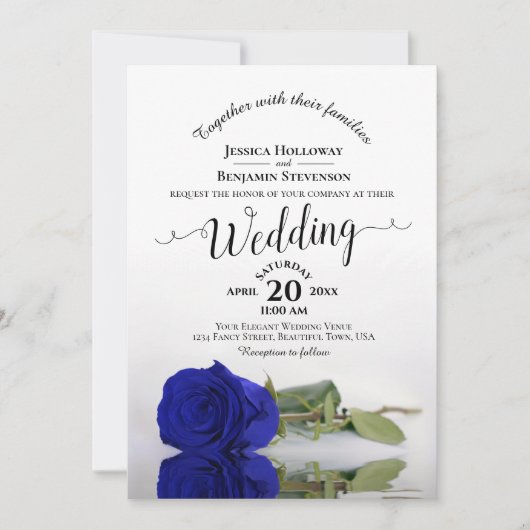 Posh Calligraphy Royal Blue Rose QR Code Wedding Einladung (Vorderseite)