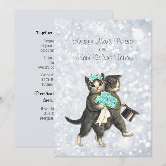 Posh Cats Aqua - Silver Sparkle Wedding Einladung (Vorne/Hinten)