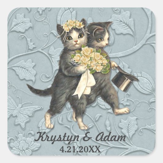 Posh Cats Wedding Blue Quadratischer Aufkleber (Vorderseite)