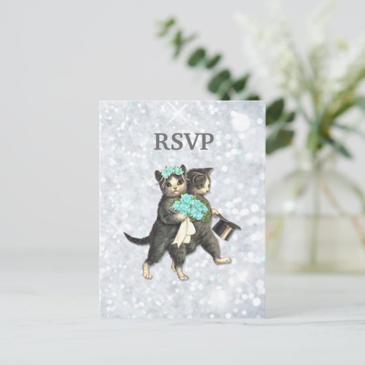 Posh Cats Wedding Silver Sparkle UAWG Einladungspostkarte (Stehend Vorderseite)
