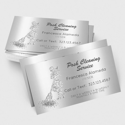 Posh Cleaning Service Metallic Silver Glitzer Maid Visitenkarte