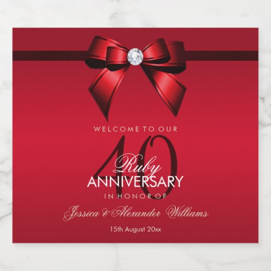 Posh Gem Bow & Ribbon 40 Jahre Hochzeit Bierflaschenetikett (Einzelnes Label)