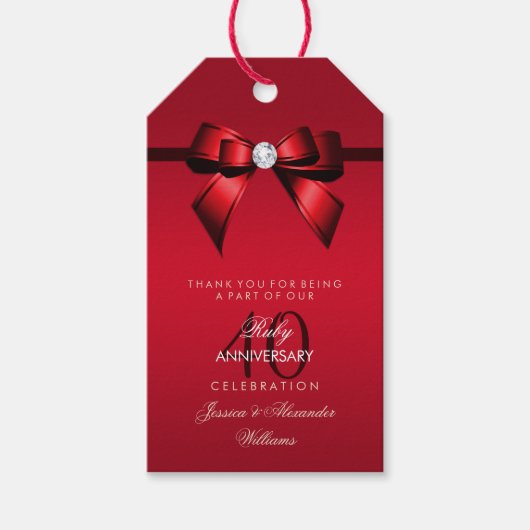 Posh Gem Bow & Ribbon 40 Jahre Hochzeit Geschenkanhänger (Vorderseite)