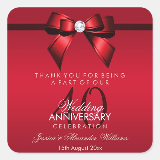 Posh Gem Bow & Ribbon 40 Jahre Hochzeit Quadratischer Aufkleber (Vorderseite)