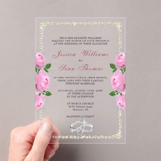 Posh Gerahmt Diamond Rings & Pink Roses Wedding Acryleinladungen (Insitu (Handheld))