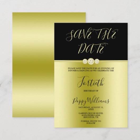 Posh Gold & Black Elegant Diamonds 40. Geburtstag Save The Date (Vorne/Hinten)