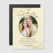 Posh Gold & Cream Wedding Save the Date Oval Photo Magneteinladung (Vorne/Hinten)