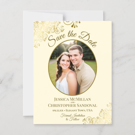 Posh Gold & Cream Wedding Save the Date Oval Photo Magneteinladung (Vorderseite)
