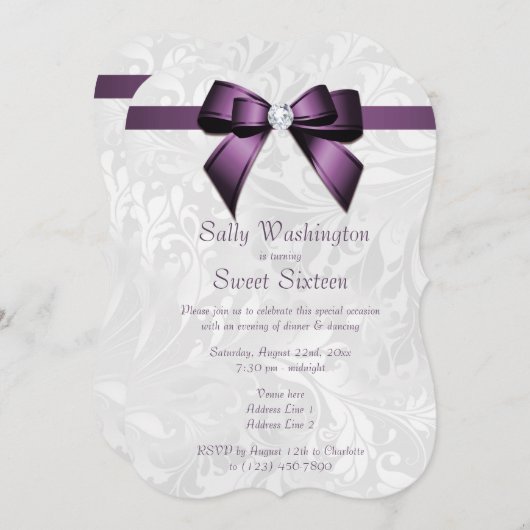 Posh Lila Diamond Bow & Damask Sweet 16 Einladung (Vorne/Hinten)