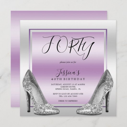 Posh Lilac & Silver Stilettos 40. Geburtstag Einladung (Vorne/Hinten)