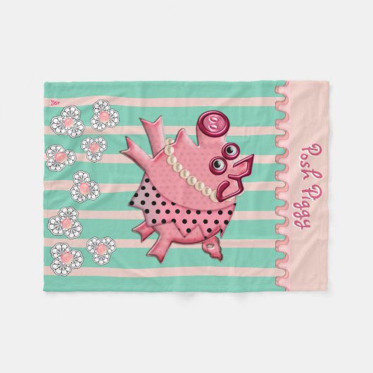 Posh Piggy in Pink auf Mint Green Personalisiert Fleecedecke (Vorderseite (Horizontal))