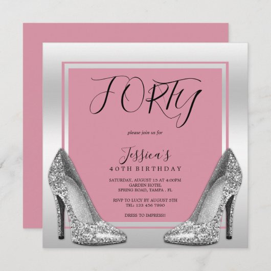 Posh Pink & Silver Stilettos 40. Geburtstag Einladung (Vorne/Hinten)