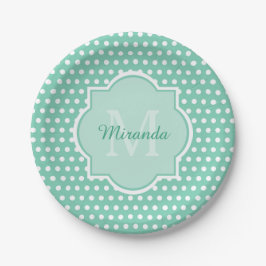 Posh Polka Dots Mint Green Monogram und Name Pappteller
