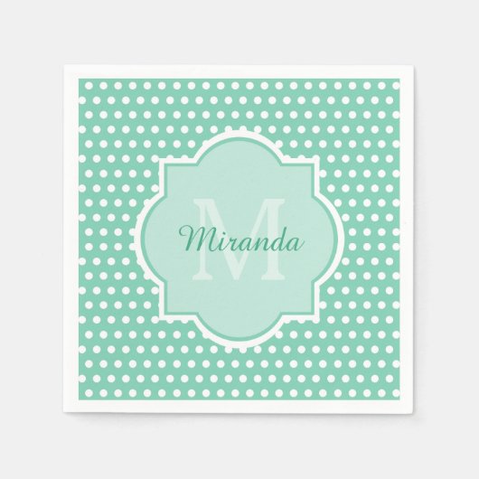 Posh Polka Dots Mint Green Monogram und Name Serviette (Vorderseite)