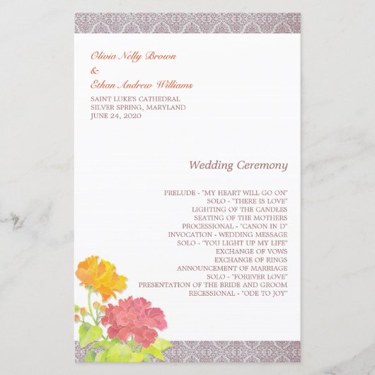 Posh Red & Orange Floral Wedding Program (Vorderseite)