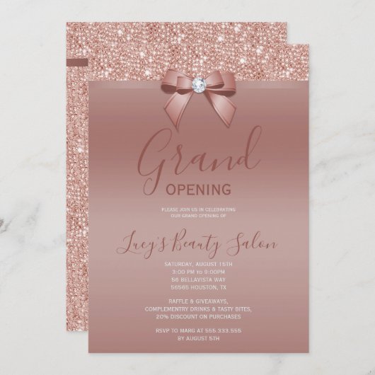 Posh Rose Gold Jewel Bow Grand Opening Einladung (Vorne/Hinten)