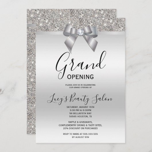 Posh Rose Silver Jewel Bow Grand Opening Einladung (Vorne/Hinten)
