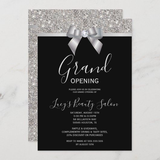 Posh Silver & Black Jewel Bow Grand Opening Einladung (Vorne/Hinten)