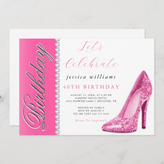 Posh Stiletto & Diamonds Pink Birthday Einladung (Vorne/Hinten)