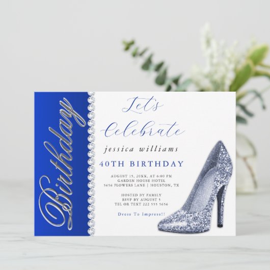 Posh Stiletto & Diamonds Royal Blue Einladung (Stehend Vorderseite)