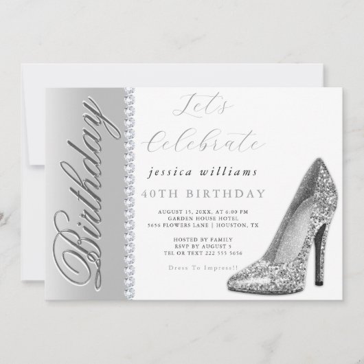 Posh Stiletto & Diamonds Silver Birthday Einladung (Vorderseite)