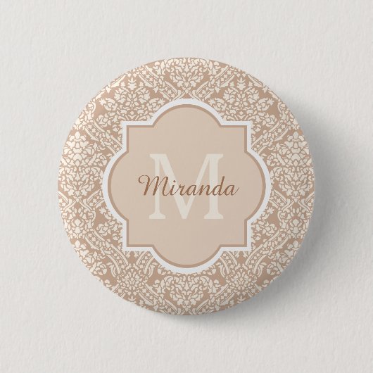 Posh Tan Damask Muster Monogram mit Name Button (Vorderseite)