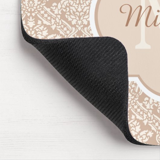 Posh Tan Damask Muster Monogram mit Name Mousepad (Ecke)