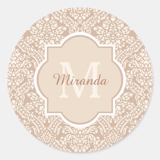 Posh Tan Damask Muster Monogram mit Name Runder Aufkleber (Vorderseite)