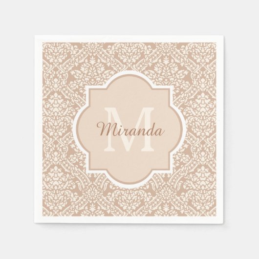 Posh Tan Damask Muster Monogram mit Name Serviette (Vorderseite)