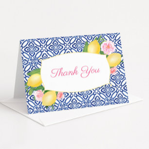 Positano Blau Fliesen Zitrone Rosa Floral Brautdus Dankeskarte
