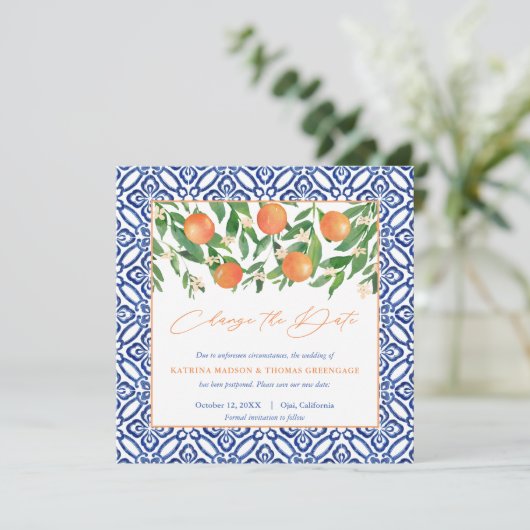 Positano Blaue Fliesen Süße Orangen Änderung der P Save The Date (Stehend Vorderseite)