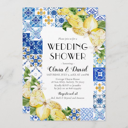 Positano Blue Tile Lemon Polterabend Einladung (Vorne/Hinten)