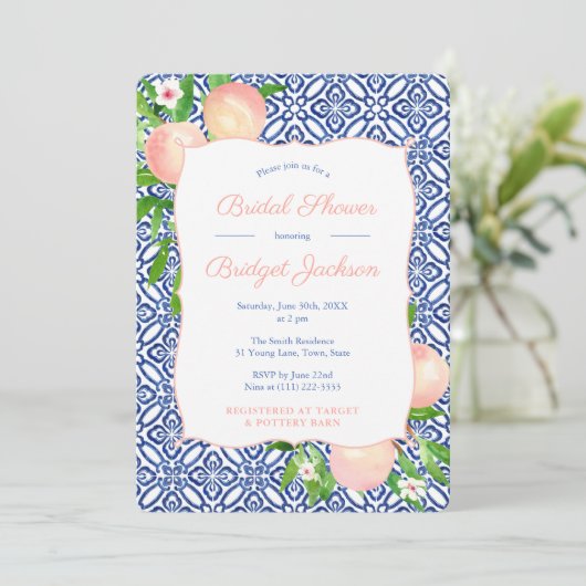 Positano Blue Tiles Garden Peaches Brautparty I Einladung (Stehend Vorderseite)