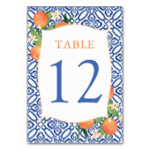 Positano Citrus Orange Antique Blue Tiles Wedding Tischnummer (Rückseite)
