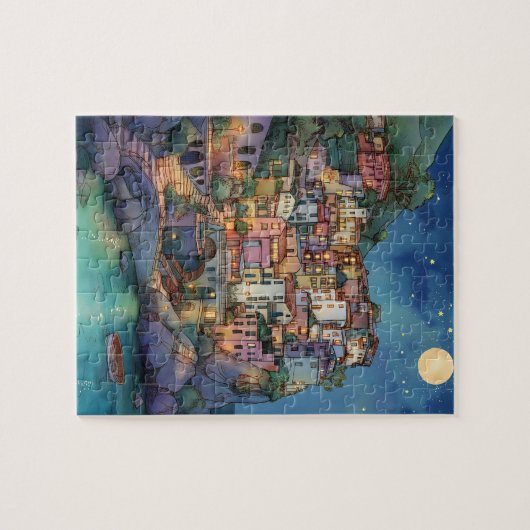 Positano, Italien - Coastal Village & Starry Sky Puzzle (Horizontal)